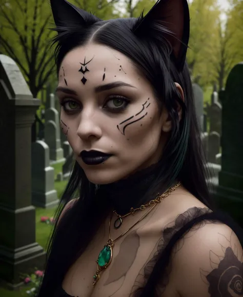 raw candid cinema photography, a woman cat, (photo in Gothic cemetery:1.2) Indigenous Canadian Insignificant Oil Emerald Gold Crowcore self-regulating, by Sylvain Sarrailh, ultra realistic textured skin, skin pores, hard focus, film grain, photographed with a Sony a7 III Mirrorless Camera, by photographer (dark orange:1.2)