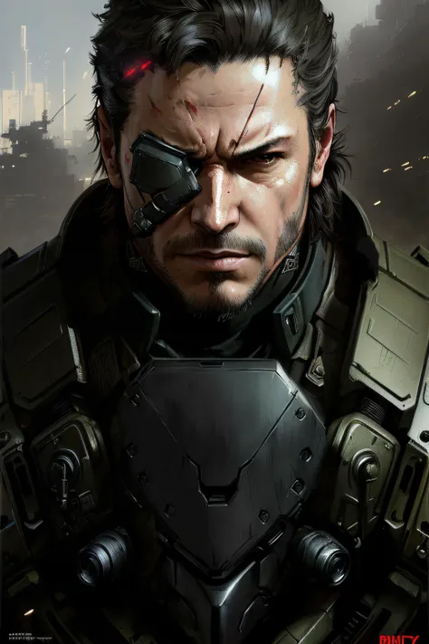 batman wearing metal gear armor, big boss eye patch, black crystalline stone sticking out of his head with red glow and scarring, dramatic lighting, detailed, trending on artstation, Photo realistic, art by brandon anschultz by yoji shinkawa by richard schmid by greg rutkowski by sandra chevrier by jeremy lipking cinematic dramatic brush strokes background, an award winning painting