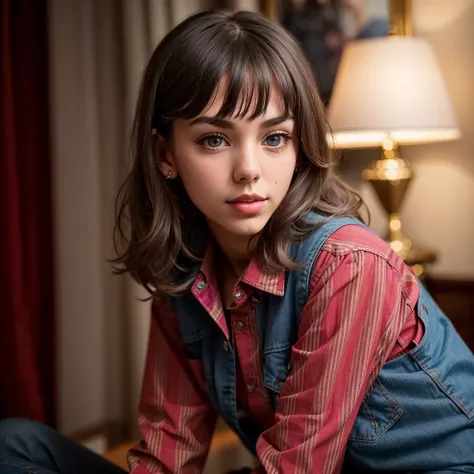 (Masterpiece Photo:) of fallingdevil wearing nsfw checkered red and black shirt and blue jeans staring at the viewer,(big brown eyes) ,(checkered red and black shirt), (blue jeans),Highly Detailed,(close portrait:1.3),(Feminine:1.4),(beautiful:1.4),(attractive:1.3),calendar pose,perfectly detailed eyes,studio lighting,thematic background, (high detailed skin:1.2), 8k uhd, dslr, soft lighting, high quality, film grain, Fujifilm XT3