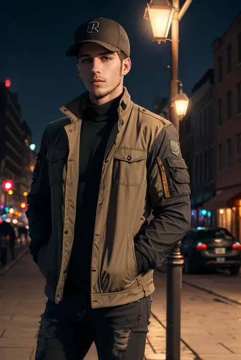 (masterpiece, best quality, high quality, highres, ultra-detailed), city, scenery, night, building, sign, cityscape, pantyhose, skyscraper, street lights,
solo, 1boy, gray eyes, short Crew Cut, sand blonde hair, triangular face, looking at viewer, outdoors, hands in pockets, khaki jacket, black loose jeans, black baseball cap,
AS-Adult, Asian-Less, OverallDetail,