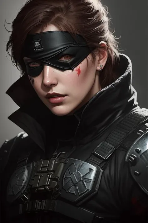 Woman wearing metal gear armor, big boss eye patch, black crystalline stone sticking out of his head with red glow and scarring, dramatic lighting, detailed, trending on artstation, Photo realistic, art by brandon anschultz by yoji shinkawa by richard schmid by greg rutkowski by sandra chevrier by jeremy lipking cinematic dramatic brush strokes background, an award winning painting