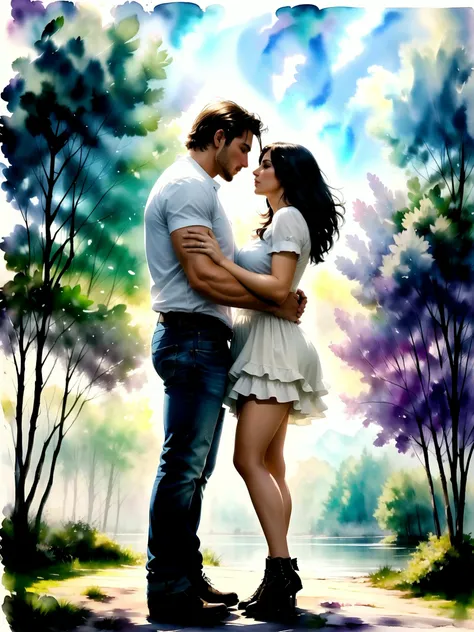Couple on the riverside, (couple of lovers), passionate, romantic, Man and woman, European big muscle man, man in jeans and shirt, (gloomy sever harsh man:1.2), attractive man, skinny short woman in dress, ultra realistic, hyperrealistic, UHD, award winning, cinematic, absurdres, ultra-high resolution, 32K, 16K, 15K, Perfectly Crafted, Skillful, masterpiese, best quality, Full-Frame DSLR, Dynamic Range, f/4, Shutter Speed 1/500 sec, White Balance Fluorescent, Symmetry and Balance, Beaming Light, Shady, Vibrant, Dynamic Colors, Euphoric, Passionate, dramatic lighting, high budget, Environment Lighting, Distortion, Volumetric Lighting, Glare Effects, Transmittance, HDR, bloom, watercolor, EdobAquarel