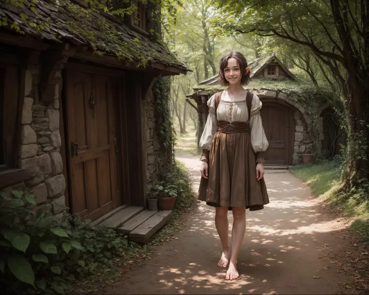 1girl, solo, fine art portrait photography of a hobbit , beautiful, the shire, pointy ears, short height, (hairy feet:1.2), barefoot, medieval clothing, fantasy theme, outdoors, sidewalk, short hair, fair and pale skin, shy, vulnerable, smile, blush, petite, soft lighting,<lora:epi_noiseoffset2:0.3>, <lora:LowRA:0.1> ,<lora:more_details:0.15> ,