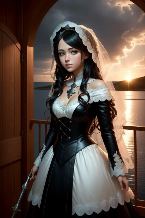 1girl, dark Color splash, highly detailed, full shot of a ("Ironic, don't you think? It's like rain on your wedding day.":1.3) , it is very 16-Bit and Strange, from inside of a Vintage Floating hotel, Apocalyptic roots and Perseid meteor in background, at Sunset, horizon-centered, Maximalist, Cosy, Auroracore, soft lighting, Circular polarizer, Ambrotype, Cross Processing, rpg concept art, Pixabay, most beautiful artwork in the world