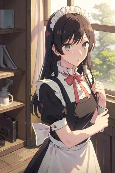 best quality, masterpiece, highres, solo, {maid:1.40}, {long maid dress:1.15}, {nanami_touko_yagatekimininaru:1.15}, long_hair, black_hair, bangs, bow, ribbon, grey_eyes