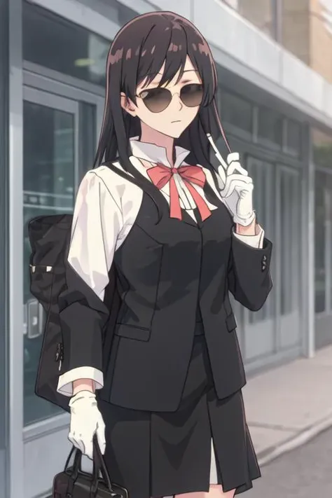 best quality, masterpiece, highres, solo, {black business suit:1.40}, {tie:1.20}, {sunglasses:1.25}, {white gloves:1.15}, {white shirt:1.10}, {black skirt:1.15}, {smoking:1.20}, handsome, {nanami_touko_yagatekimininaru:1.15}, long_hair, black_hair, bangs, bow, ribbon, grey_eyes