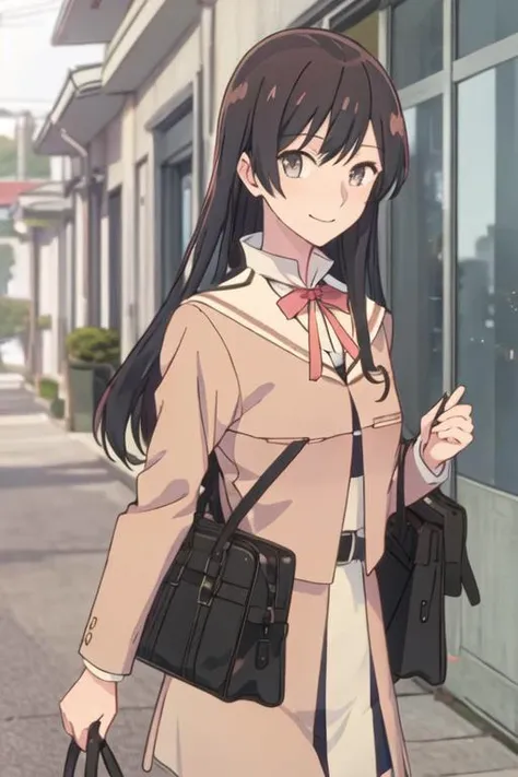 best quality, masterpiece, highres, solo, {nanami_touko_yagatekimininaru:1.15}, long_hair, black_hair, bangs, bow, ribbon, grey_eyes, 1girl, bag, school_bag, school_uniform, looking_at_viewer, smile