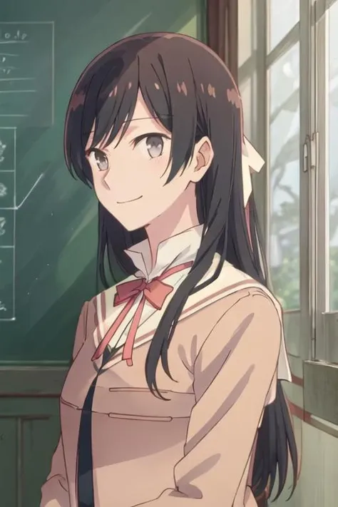 best quality, masterpiece, highres, solo, {nanami_touko_yagatekimininaru:1.15}, long_hair, black_hair, bangs, bow, ribbon, grey_eyes, 1girl, closed_mouth, looking_to_the_side, neck_ribbon, school_uniform, upper_body, indoors, red_ribbon, smile