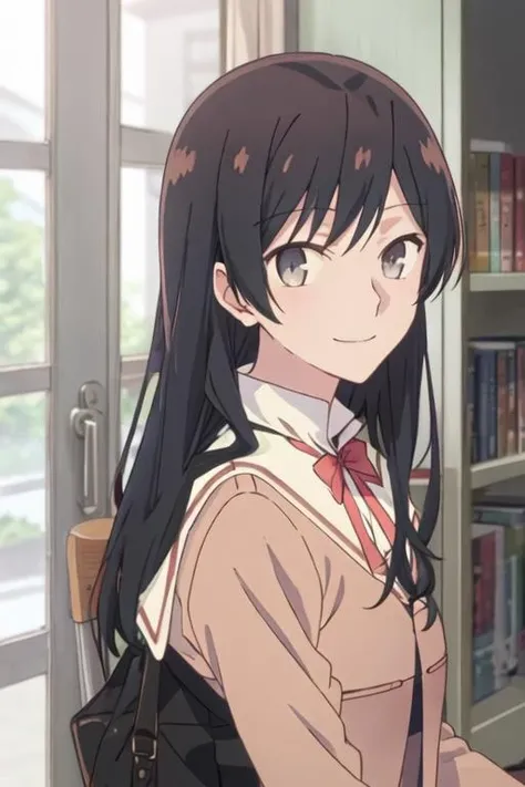 best quality, masterpiece, highres, solo, {nanami_touko_yagatekimininaru:1.15}, long_hair, black_hair, bangs, bow, ribbon, grey_eyes, 1girl, anime_coloring, bowtie, closed_mouth, looking_at_viewer, school_uniform, smile, black_eyes, shirt, portrait, red_bow