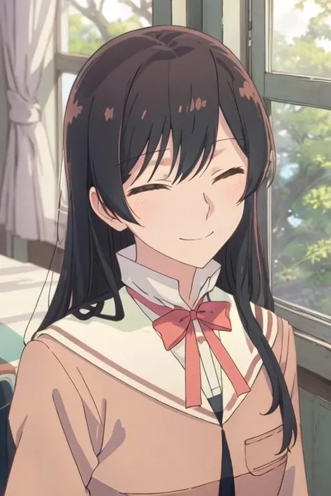best quality, masterpiece, highres, solo, {nanami_touko_yagatekimininaru:1.15}, long_hair, black_hair, bangs, bow, ribbon, grey_eyes, 1girl, bowtie, school_uniform, closed_eyes, closed_mouth, facing_viewer, window, indoors, shirt, smile, upper_body, hair_between_eyes, tree