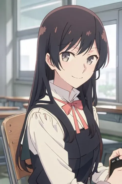 best quality, masterpiece, highres, solo, {nanami_touko_yagatekimininaru:1.15}, long_hair, black_hair, bangs, bow, ribbon, grey_eyes, 1girl, anime_coloring, looking_at_viewer, parody, school_uniform, smile, closed_mouth, portrait