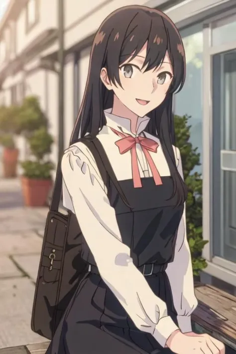 best quality, masterpiece, highres, solo, {nanami_touko_yagatekimininaru:1.15}, long_hair, black_hair, bangs, bow, ribbon, grey_eyes, 1girl, anime_coloring, looking_at_viewer, open_mouth, school_uniform, smile, blurry, brown_hair, outdoors, blurry_background