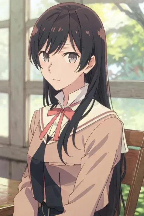 best quality, masterpiece, highres, solo, {nanami_touko_yagatekimininaru:1.15}, long_hair, black_hair, bangs, bow, ribbon, grey_eyes