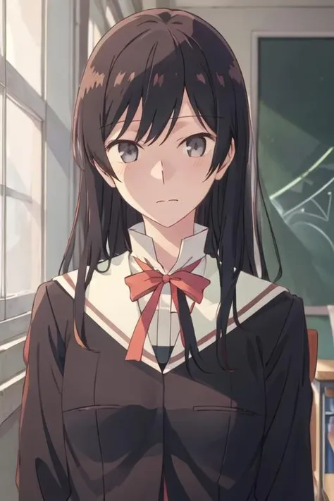 best quality, masterpiece, highres, solo, {nanami_touko_yagatekimininaru:1.15}, long_hair, black_hair, bangs, bow, ribbon, grey_eyes, 1girl, bowtie, closed_mouth, faceless, facing_viewer, neck_ribbon, no_eyes, red_ribbon, school_uniform, shaded_face, upper_body, faceless_female, red_bow, shirt, red_bowtie