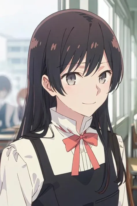 best quality, masterpiece, highres, solo, {nanami_touko_yagatekimininaru:1.15}, long_hair, black_hair, bangs, bow, ribbon, grey_eyes, 1girl, blurry, blurry_background, closed_mouth, indoors, school_uniform, shirt, anime_coloring, bowtie, portrait, smile, looking_at_viewer, red_bow, black_eyes, parody