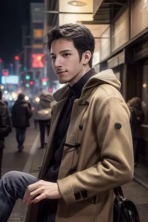 ((masterpiece)),((bestquality)),8k,high detailed,ultra-detailed,depth of field,wide angle,1boy,<lora:Bruno_Lora:1>,bruno,model,adult,tall,metallic luster,glowing neon lights,looking down,looking up,
handsome_face,real skin texture,male focus,solo,finely sculpted hands,straight hair,Short_hair,looking at viewer,wide-angle view,duffel coat,
evil smile,hugging own legs,hand on another's hand,thick eyebrows,(beard),realistic,<lora:add_detail:1>,<lora:muscle_slider_v1:-0.25>,<lora:weight_slider_v2:-0.25>,