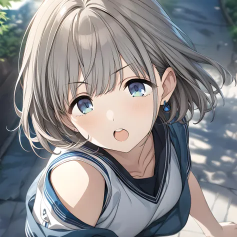 (masterpiece),(best quality),(ultra-detailed),(best illustration),(best shadow),(absurdres),(detailed background),(very aesthetic), asahi serizawa, 1girl, blue eyes, solo, open mouth, jewelry, short hair, earrings, blurry, grey hair, bangs, potrait,  <lora:asahiserizawa:1>