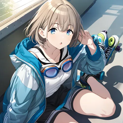 (masterpiece),(best quality),(ultra-detailed),(best illustration),(best shadow),(absurdres),(detailed background),(very aesthetic),asahi serizawa, solo, 1girl, roller skates, goggles, jacket, skates, blue eyes, window, goggles around neck, short hair<lora:asahiserizawa:1>