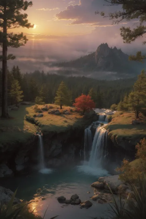 deep in a red tinted pine forest at dusk, foggy, ground view, matte painting, rocky, waterfall in distance, stunning detail, 4k, hd, clean, full of detail, sharp focus, rule of thirds by Makoto Shinkai, thomas kinkade, Karol Bak, trending on artstation <lora:better-bg-001:0.5:KEEPBG>
