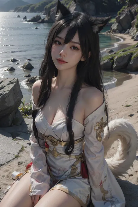 Best quality, masterpiece, ultra high res, (photorealistic:1.4), raw photo, 1girl,
AHRI_COSPLAY, WHITE TAILS, BLACK LONG HAIR, YELLOW EYES, look at viewer, full body, warm smile,
seaside, Golden hour makes everything warm and romantic
a beautiful woman, golden hour, rim lighting, warm tones, sun flare, soft shadows, vibrant colors, hazy glow, painterly effect, dreamy atmosphere
<lora:80s Japan 2:0.4:PALETTE> <lora:OC:0.5:BODY0.5> <lora:Ahri_Cosplay:1> <lora:epiNoiseoffset_v2:0.5> <lora:better-bg-002:0.3:KEEPBG>