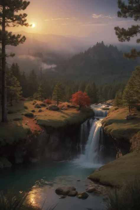 deep in a red tinted pine forest at dusk, foggy, ground view, matte painting, rocky, waterfall in distance, stunning detail, 4k, hd, clean, full of detail, sharp focus, rule of thirds by Makoto Shinkai, thomas kinkade, Karol Bak, trending on artstation  <lora:better-bg-001:0.5>