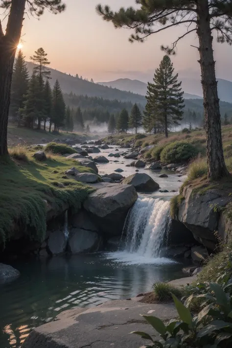 deep in a red tinted pine forest at dusk, foggy, ground view, matte painting, rocky, waterfall in distance, stunning detail, 4k, hd, clean, full of detail, sharp focus, rule of thirds by Makoto Shinkai, thomas kinkade, Karol Bak, trending on artstation <lora:better-bg-002:0.5:KEEPBG>