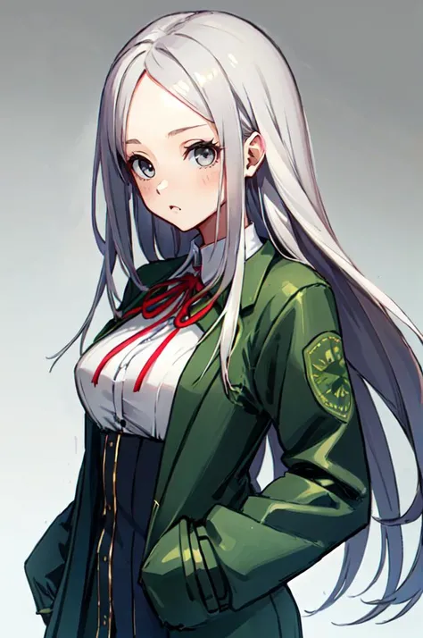 <lora:koichoco_locon_1_BASEOFF_1_Koichoco:0.9> koichoko school uniform, green jacket,, ultra detailed, masterpiece, best quality, aesthetic, detailed,, serious, 1girl, (white eyes:1.1), (grey eyes:1.3), white hair, very long hair, parted hair, parted bangs, <lora:parted_hair_v1.3:1.3>, medium breasts,