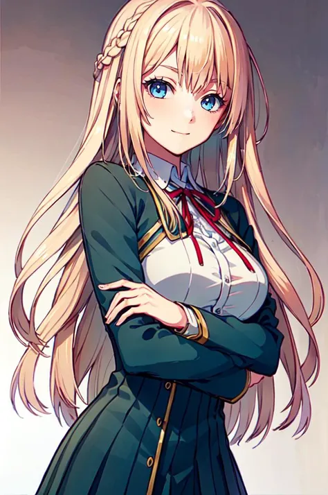 <lora:koichoco_locon_1_BASEOFF_1_Koichoco:0.85> koichoko school uniform, green jacket,, ultra detailed, masterpiece, best quality, aesthetic, detailed,, solo, soft smile, light smile,
1girl, blue eyes, very long hair, blonde hair, long blonde hair, french braid, bangs, medium breasts,