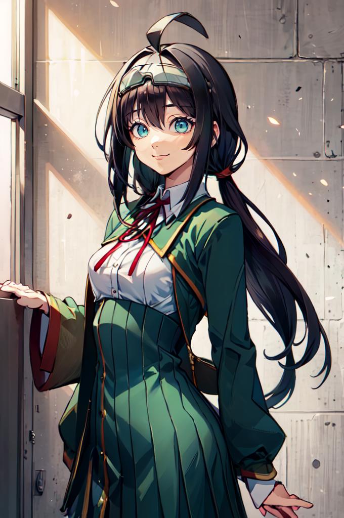 Anime girl in green dress standing by a window with her hands on her ...