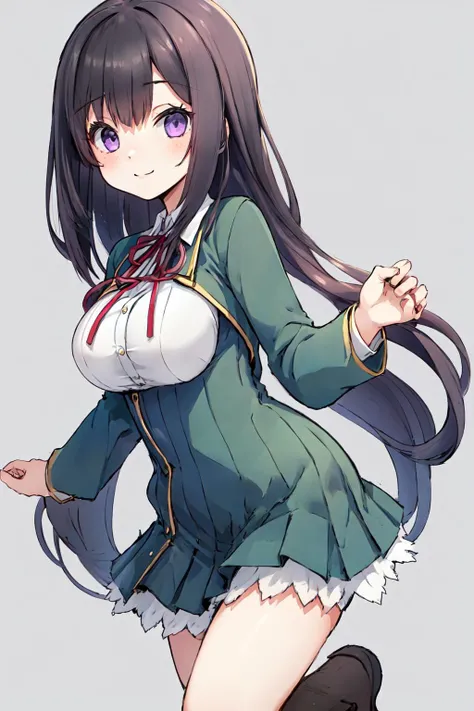 1girl, koichoco school uniform, green jacket, large breasts, breasts, black hair, medium hair, , purple eyes, smile <lora:koichoco_locon_1_BASEOFF_1_Koichoco:1>