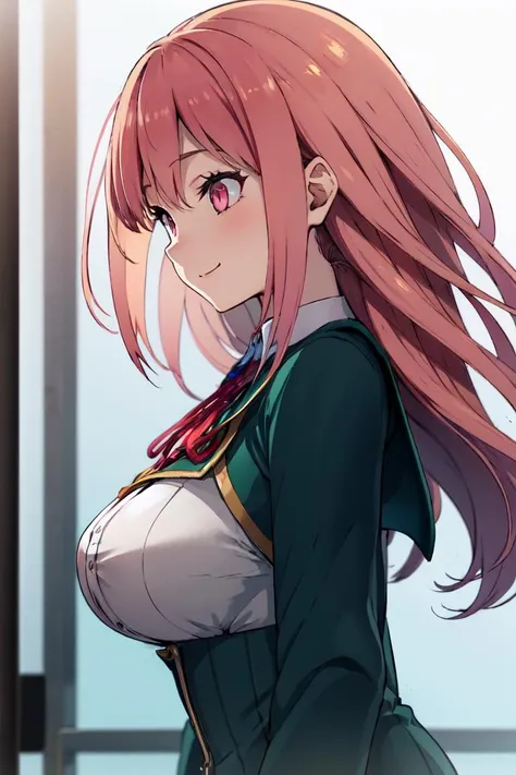1girl, koichoco school uniform, green jacket, large breasts, breasts, pink hair, pink eyes, smile , upper body <lora:koichoco-v1:1> (from side:1.3)