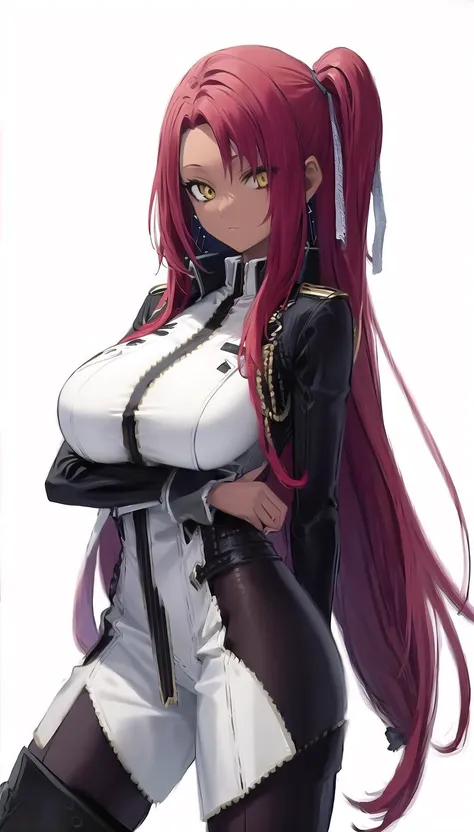 side ponytail, red hair, yellow eyes,dark-skinned female,
hair ribbon, earrings,
(bodysuit:1.28),
lady,mature female, cowboy shot,
(white background,simple background:1.18),
highres,official art,original,masterpiece,best quality,
(huge breasts:0.8),
<lora:æ³è¦æä¸ºå½±ä¹å®åè-å¦®å¨:0.8>