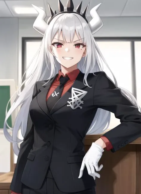 ((best quality)), ((highly detailed)), masterpiece, extremely detailed face, beautiful face, (detailed eyes, deep eyes), (1girl), upper body, <lora:lucifer:1>, lucifer(helltaker), long hair, white hair, red eyes, demon horns, white horns, demon tail, mole under eye, grin, black suit jacket, (red collared shirt, red shirt), long sleeves, black necktie, black pants, white gloves, crown, inside, in an office