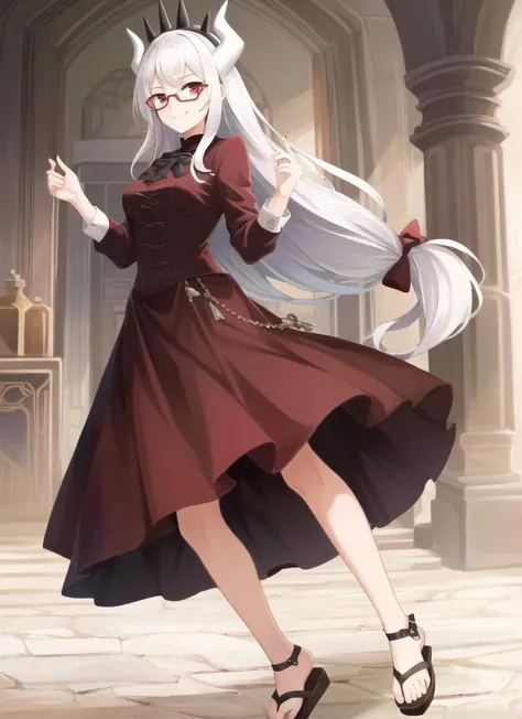 ((best quality)), ((highly detailed)), masterpiece, (detailed eyes, deep eyes), (1girl), (glasses), full body, <lora:lucifer:1>, lucifer(helltaker), long hair, white hair, red eyes, demon horns, white horns, demon tail, mole under eye, smirk, crown, sandles