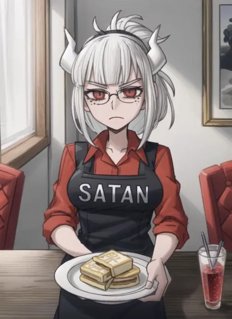 ((best quality)), ((highly detailed)), masterpiece, (detailed eyes, deep eyes), (1girl), (glasses), cowboy shot, <lora:hairdetailer:1>, <lora:lucifer:1>, lucifer(helltaker), long hair, white hair, red eyes, demon horns, white horns, demon tail, mole under eye, black apron, red shirt, collared shirt, ponytail, plate of pancakes, (indoors, at a dining room), <lora:helltakerLora_10:.6>, helltaker style