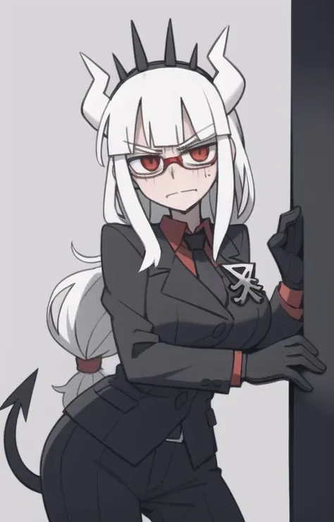 lucifer(helltaker),over-rim eyewear,classroom,embarrassed,nose blush,cut-in,
 shirt, pants, white gloves, belt, demon horns,
angry,gloom (expression),
black necktie, looking at viewer, formal, demon girl, red eyes, 1girl, white hair, tail, mole, necktie, solo, suit, white horns, black pants, horns, large breasts, demon tail, jacket, red shirt, gloves, long hair<lora:lucifer:0.8> <lora:Helltaker:0.4> <lora:Masterpiace:0.1>