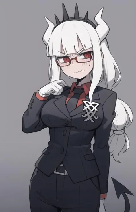 lucifer(helltaker),over-rim eyewear,classroom,embarrassed,nose blush,cut-in,
shirt, pants, white gloves, belt, demon horns,
angry,gloom (expression),
black necktie, looking at viewer, formal, demon girl, red eyes, 1girl, white hair, tail, mole, necktie, solo, suit, white horns, black pants, horns, large breasts, demon tail, jacket, red shirt, gloves, long hair<lora:lucifer:0.8> <lora:Helltaker:0.4> <lora:Masterpiace:0.1>