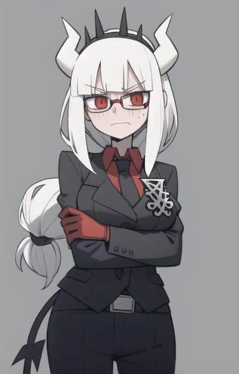 lucifer(helltaker),over-rim eyewear,classroom,embarrassed,nose blush,cut-in,
shirt, pants, white gloves, belt, demon horns,
angry,gloom (expression),
black necktie, looking at viewer, formal, demon girl, red eyes, 1girl, white hair, tail, mole, necktie, solo, suit, white horns, black pants, horns, large breasts, demon tail, jacket, red shirt, gloves, long hair<lora:lucifer:0.8> <lora:Helltaker:0.4> <lora:Masterpiace:0.1>