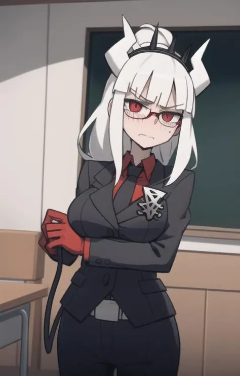 lucifer(helltaker),over-rim eyewear,classroom,embarrassed,nose blush,cut-in,
 shirt, pants, white gloves, belt, demon horns,
angry,gloom (expression),
black necktie, looking at viewer, formal, demon girl, red eyes, 1girl, white hair, tail, mole, necktie, solo, suit, white horns, black pants, horns, large breasts, demon tail, jacket, red shirt, gloves, long hair<lora:lucifer:0.8> <lora:Helltaker:0.4> <lora:Masterpiace:0.1>