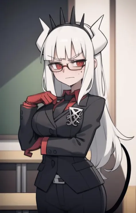 lucifer(helltaker),over-rim eyewear,classroom,embarrassed,nose blush,cut-in,
shirt, pants, white gloves, belt, demon horns,
angry,gloom (expression),
black necktie, looking at viewer, formal, demon girl, red eyes, 1girl, white hair, tail, mole, necktie, solo, suit, white horns, black pants, horns, large breasts, demon tail, jacket, red shirt, gloves, long hair<lora:lucifer:0.8> <lora:Helltaker:0.4> <lora:Masterpiace:0.1>