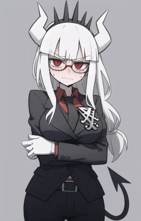lucifer(helltaker),over-rim eyewear,classroom,embarrassed,nose blush,cut-in,
 shirt, pants, white gloves, belt, demon horns,
angry,gloom (expression),
black necktie, looking at viewer, formal, demon girl, red eyes, 1girl, white hair, tail, mole, necktie, solo, suit, white horns, black pants, horns, large breasts, demon tail, jacket, red shirt, gloves, long hair<lora:lucifer:0.8> <lora:Helltaker:0.4> <lora:Masterpiace:0.1>