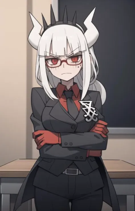 lucifer(helltaker),over-rim eyewear,classroom,embarrassed,nose blush,cut-in,
shirt, pants, white gloves, belt, demon horns,
angry,gloom (expression),
black necktie, looking at viewer, formal, demon girl, red eyes, 1girl, white hair, tail, mole, necktie, solo, suit, white horns, black pants, horns, large breasts, demon tail, jacket, red shirt, gloves, long hair<lora:lucifer:0.8> <lora:Helltaker:0.4> <lora:Masterpiace:0.1>