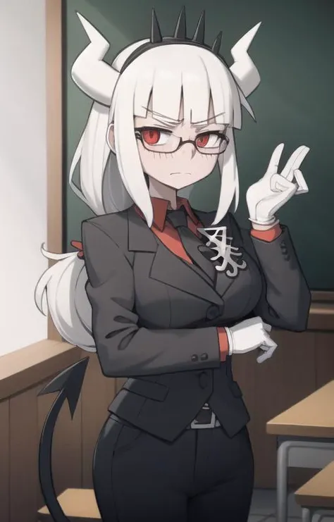 lucifer(helltaker),over-rim eyewear,classroom,embarrassed,nose blush,cut-in,
 shirt, pants, white gloves, belt, demon horns,
angry,gloom (expression),
black necktie, looking at viewer, formal, demon girl, red eyes, 1girl, white hair, tail, mole, necktie, solo, suit, white horns, black pants, horns, large breasts, demon tail, jacket, red shirt, gloves, long hair<lora:lucifer:0.8> <lora:Helltaker:0.4> <lora:Masterpiace:0.1>