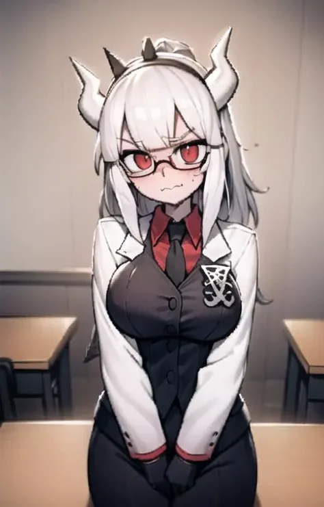 lucifer(helltaker),over-rim eyewear,classroom,embarrassed,nose blush,cut-in,
 shirt, pants, white gloves, belt, demon horns,
angry,gloom (expression),
black necktie, looking at viewer, formal, demon girl, red eyes, 1girl, white hair, tail, mole, necktie, solo, suit, white horns, black pants, horns, large breasts, demon tail, jacket, red shirt, gloves, long hair<lora:lucifer:0.8> <lora:Helltaker:0.4>  <lora:furry_female:0.8>
