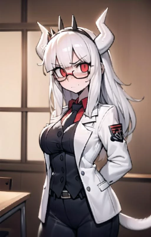 lucifer(helltaker),over-rim eyewear,classroom,embarrassed,nose blush,cut-in,
shirt, pants, white gloves, belt, demon horns,
angry,gloom (expression),
black necktie, looking at viewer, formal, demon girl, red eyes, 1girl, white hair, tail, mole, necktie, solo, suit, white horns, black pants, horns, large breasts, demon tail, jacket, red shirt, gloves, long hair<lora:lucifer:0.8> <lora:Helltaker:0.4> <lora:furry_female:0.8>