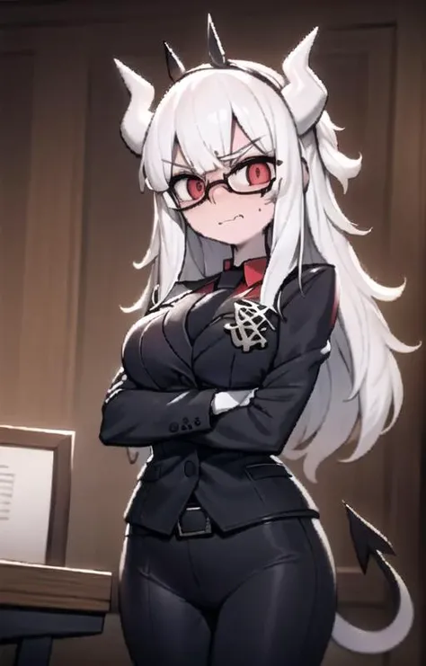 lucifer(helltaker),over-rim eyewear,classroom,embarrassed,nose blush,cut-in,
 shirt, pants, white gloves, belt, demon horns,
angry,gloom (expression),
black necktie, looking at viewer, formal, demon girl, red eyes, 1girl, white hair, tail, mole, necktie, solo, suit, white horns, black pants, horns, large breasts, demon tail, jacket, red shirt, gloves, long hair<lora:lucifer:0.8> <lora:Helltaker:0.4>  <lora:furry_female:0.8>
