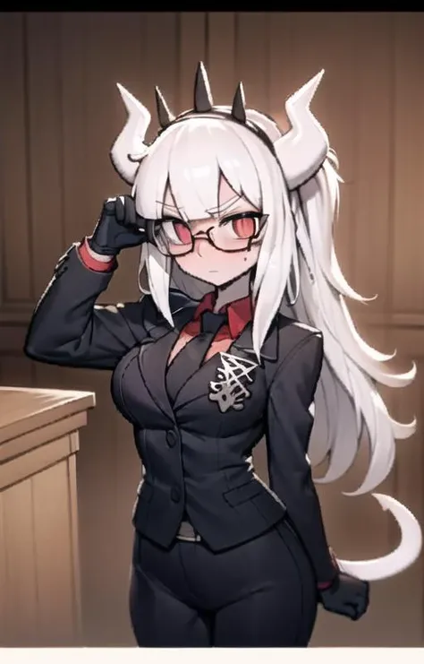 lucifer(helltaker),over-rim eyewear,classroom,embarrassed,nose blush,cut-in,
shirt, pants, white gloves, belt, demon horns,
angry,gloom (expression),
black necktie, looking at viewer, formal, demon girl, red eyes, 1girl, white hair, tail, mole, necktie, solo, suit, white horns, black pants, horns, large breasts, demon tail, jacket, red shirt, gloves, long hair<lora:lucifer:0.8> <lora:Helltaker:0.4> <lora:furry_female:0.8>