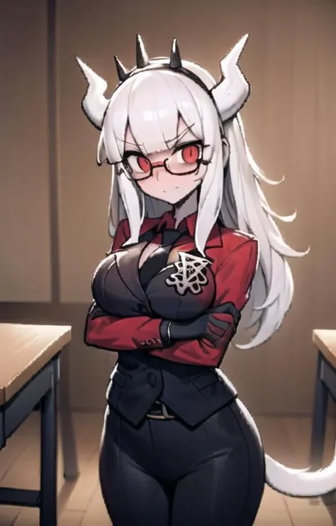 lucifer(helltaker),over-rim eyewear,classroom,embarrassed,nose blush,cut-in,
shirt, pants, white gloves, belt, demon horns,
angry,gloom (expression),
black necktie, looking at viewer, formal, demon girl, red eyes, 1girl, white hair, tail, mole, necktie, solo, suit, white horns, black pants, horns, large breasts, demon tail, jacket, red shirt, gloves, long hair<lora:lucifer:0.8> <lora:Helltaker:0.4> <lora:furry_female:0.8>
