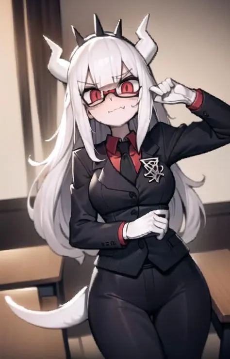 lucifer(helltaker),over-rim eyewear,classroom,embarrassed,nose blush,cut-in,
shirt, pants, white gloves, belt, demon horns,
angry,gloom (expression),
black necktie, looking at viewer, formal, demon girl, red eyes, 1girl, white hair, tail, mole, necktie, solo, suit, white horns, black pants, horns, large breasts, demon tail, jacket, red shirt, gloves, long hair<lora:lucifer:0.8> <lora:Helltaker:0.4> <lora:furry_female:0.8>