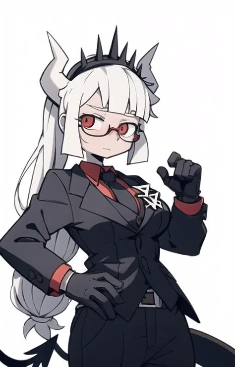 lucifer(helltaker),over-rim eyewear,classroom,nose blush,cut-in,
 shirt, pants, white gloves, belt, demon horns,
,glint,expression chart,
black necktie, looking at viewer, formal, demon girl, red eyes, 1girl, white hair, tail, mole, necktie, solo, suit, white horns, black pants, horns, large breasts, demon tail, jacket, red shirt, gloves, long hair<lora:lucifer:0.8> <lora:Helltaker:0.4>   <lora:40_niji:0.7>